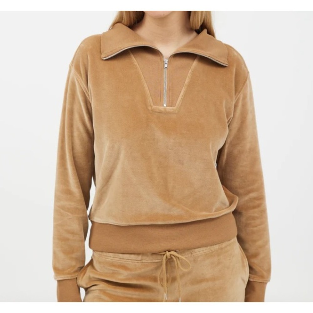 Nili Lotan Womens Jacket Small Camel Brown 1/4 Zip Collar Velour Sweater Track